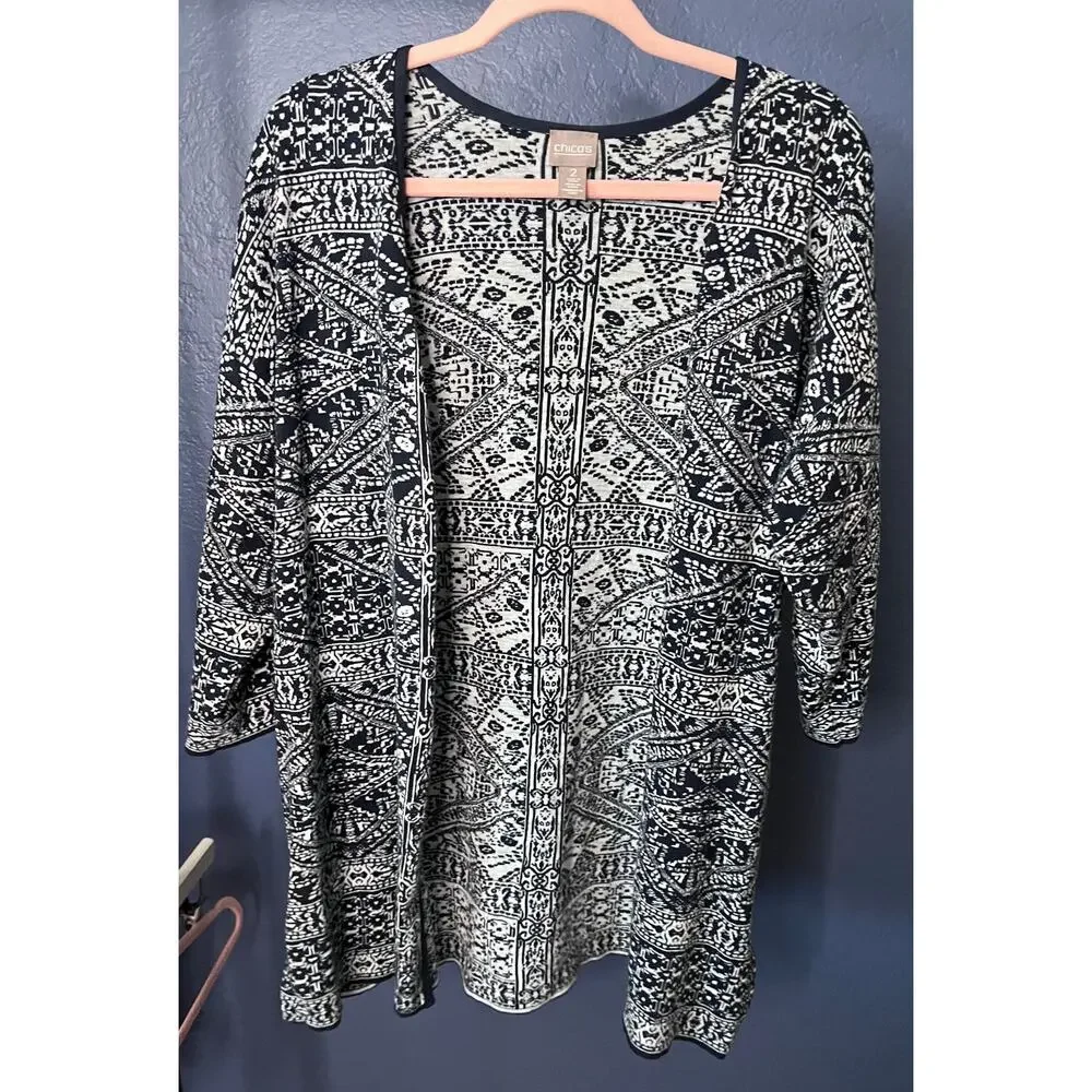 Chico’s Navy Blue White Print Cotton Open Front Cardigan 3/4 sleeve Size 2 M/L
